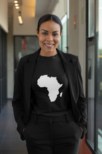 Africa Map T-Shirt features a white map of Africa on a black T-shirt