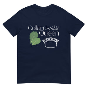 A navy short sleeve T-shirt that says Collards Queen on it featuring two collard green leaves and a pot 